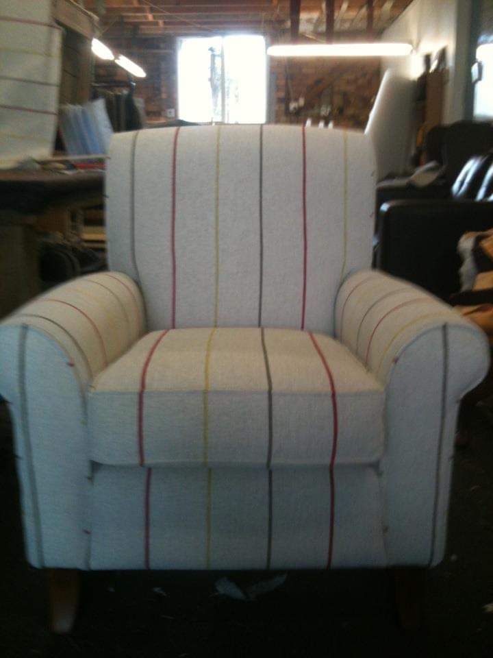 Recovered dining chair with a striped fabric seat and back